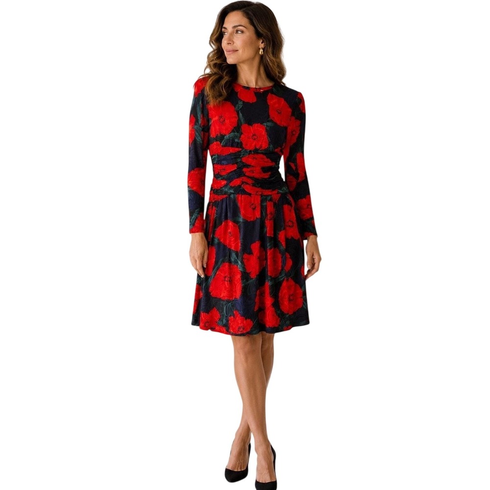 VTG 80s Silk Studio 100% Silk Red Black Floral Poppy Dress Size 4